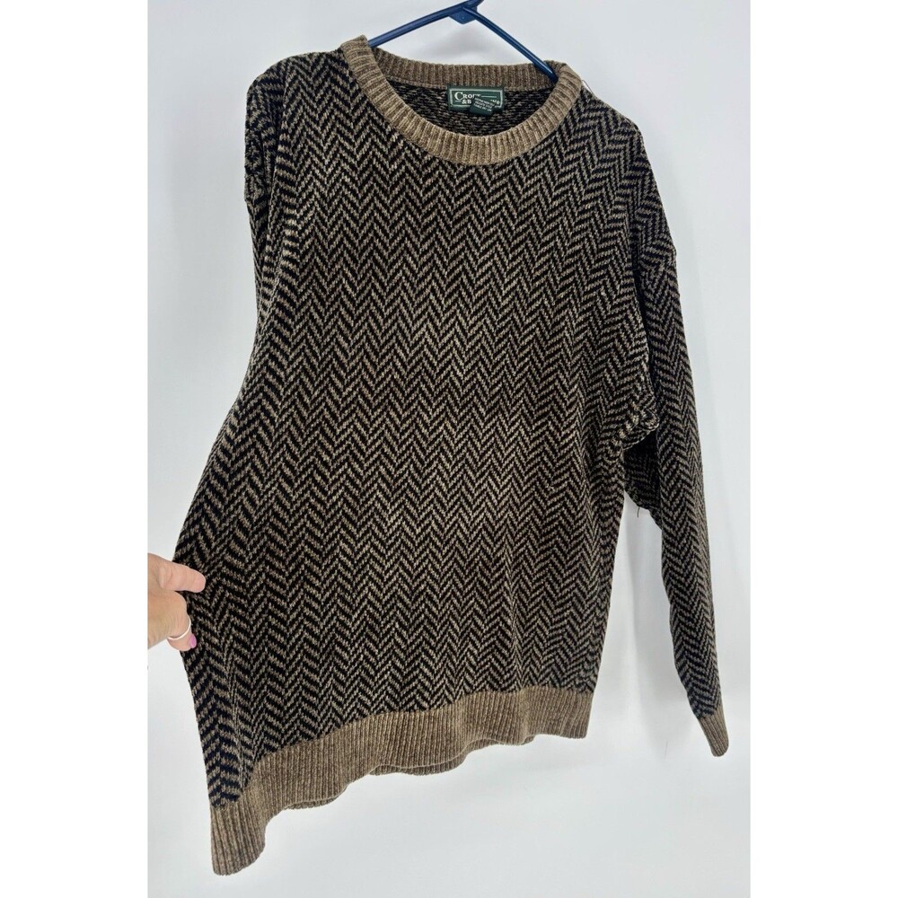 Vintage Croft & Barrow Mens Large Brown Black Herringbone Crewneck Sweater